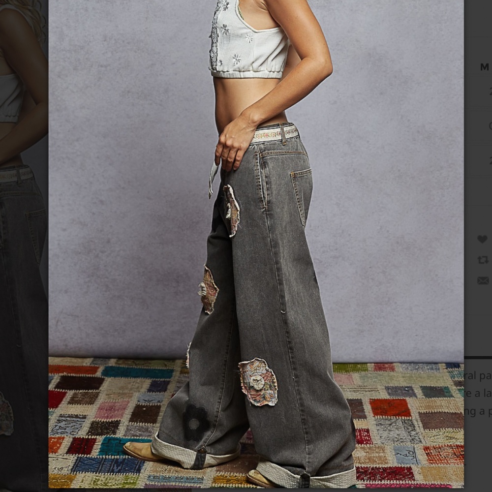 POL Women's Straight Leg Jeans in Washed Gray with Floral Patches - Picture 5 of 6